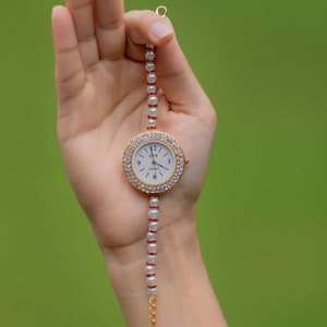 Pearl Ruby Bead Watch, Dainty Bracelet Watch, CZ Round Dial Ladies Watch, Indian Ethnic Wrist Watch, Wedding Watch Gift Her, Festive Watch