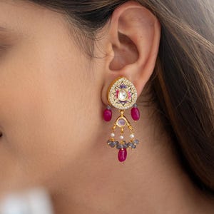 Kleine Kundan Handbemalte Rosa Perlen Ohrringe, Indische Hochzeitsschmuck