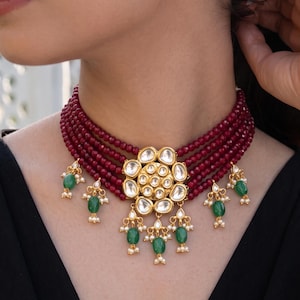 Kundan Polki Ruby Color Beaded Choker Necklace Set With Earrings, Indian Designer Jewelry, Pakistani Wedding Necklace Set, Bollywood Jewelry