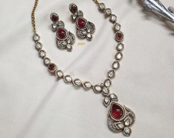 Ruby Red Moissanite Indian Necklace, Indian Kundan Jewelry, Pakistani Necklace, Indian Wedding Necklace, Sabyasachi Jewelry, Premium Pendant