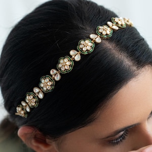 White Green Kundan Floral Headband, Bridal Pearl Tiara, Indian Wedding Hair Accessory, Handmade Festive Hair Jewelry