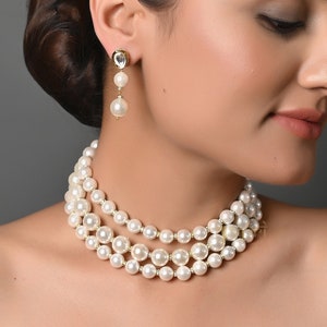 Viktorianische Süßwasserperle überlagert Choker Halskette, Dreifachstrang, runde Perlenkette, Multi Strang Braut Perle Choker, Geschenk für Mama