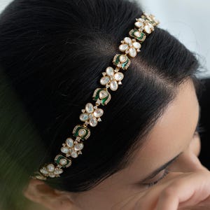 White Green Kundan Floral Headband, Bridal Hair Accessory, Indian Wedding Tiara, Handmade Pearl Hair Band, Festive Hair Jewelry