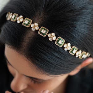 Green Kundan Pearl Headband, Indian Bridal Hair Accessory, Wedding Tiara, Handmade Ethnic Hair Jewelry, Festive Hair Band