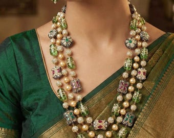 Victorian Polki Pearl Green Necklace Set, Jhumka Earrings, 3 Strand Antique Mughal Bridal Jewelry, Indian Wedding Gift for Women
