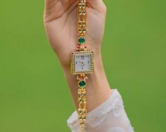 Kundan Polki Emerald Watch Women, Green Stone Ethnic Bracelet Watch, Bridal Wrist Watch, Sabyasachi Inspired Watch, Wedding Watch Gift Her