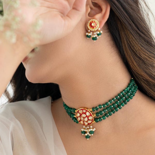 Emerald Green Bead Choker Kundan Set, Meenakari Polki Pendant Earrings, Indian Bridal Jewelry, Sabyasachi Style Necklace, Gift for Her