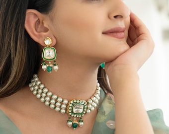 Green Kundan Pearl Necklace Set, Indian Bridal Jewelry, Polki Choker Earrings, Traditional Wedding Jewellery, Meenakari Jewelry Gift