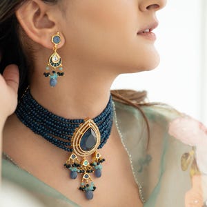 Blue Victorian Sabyasachi-Inspired AD Kundan Choker Necklace Set, Indian Jewellery, Bollywood Sabyasachi Necklace, Pakistani Jewellery