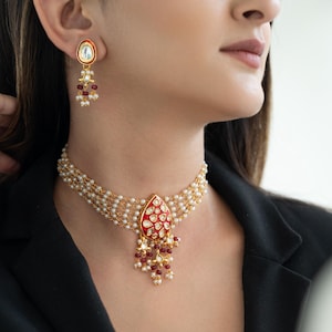 Red Meenakari Kundan Pearl Choker Set With Earrings, Drop Partywear Indian Bridal Jewelry, Sabyasachi Inspired Wedding Jewellery