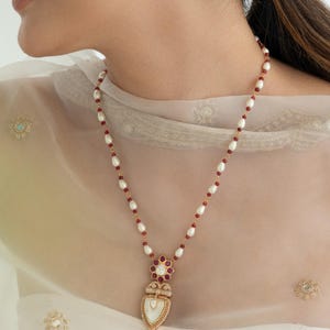 Polki Kundan Ruby Pearl Pendant Necklace | Moissanite Doublet Indian Bridal Jewelry | Victorian Sabyasachi Inspired Pakistani Gift