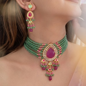 Ruby Green Choker Necklace Set With Earrings | CZ Teardrop Indian Bridal Jewelry | American Diamond Pakistani Wedding Gift For Her