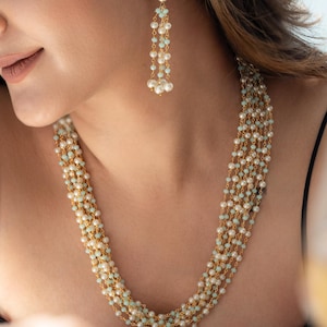 Turkoois parelketting set met oorbellen | Aquakraal Indiase bruidssieraden met meerdere strengen | Meenakari Kundan pastel etnisch cadeau voor haar