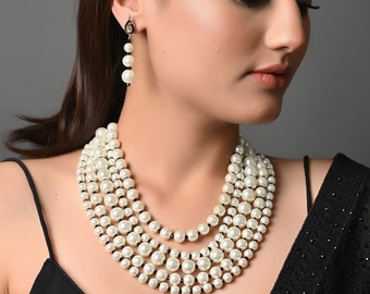 Conjunto de collar largo de perlas: joyería dorada estilo Bollywood indio