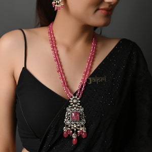 Kundan Long Pendant Set,Stone Kundan Polki Pendant Set with Earrings,Red Beaded Set,Indian Jewelry, Bridal Wedding Jewelry,Pakistani Jewelry