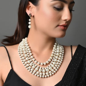 Long Pearl Necklace Set | Indian Necklace | Gold Necklace | Statement Jewelry | Bollywood | Indian wedding Jewelry | Indian Jewelry Silver