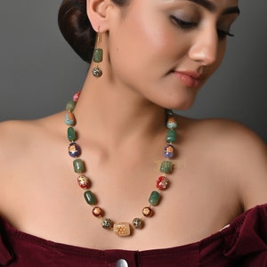 Handpainted Stone Beaded Necklace, Gold Plated Meenakari Jade Beaded Necklace, Laying Necklaces Anniversary Gifts for Mom, Office Jewelry