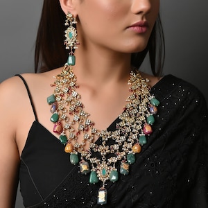 Rani Haar Kundan Long Necklace Set, Colorful Stone Kundan Set, Indian Wedding Long Necklace, Bollywood Jewelry for Women, Pakistani Jewelry