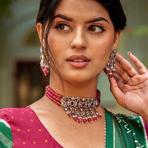 Indian Choker Necklace With Earrings, Bridal Wedding Jewelry, Indian Style Jewelry, Fashion Jewelry, Ruby American Diamond Set, Kundan Polki