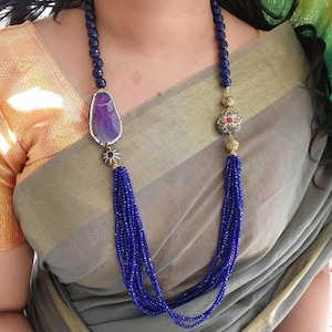 Dark Blue Antique Stone Bead Necklace, Dainty Necklace, Indian Jewelry, Sabyasachi Jewelry, Bridal Jewelry, Pakistani Bridesmaid Jewelry