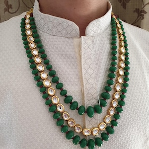 Emerald Green Kundan Groom Necklace, Multistrand Necklace, Indian Wedding Jewelry, Sherwani Necklace For Groom, Pakistani Groom Jewelry
