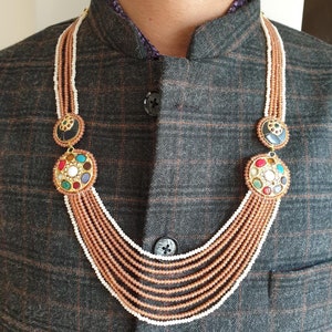 Jadau Navratan Groom Necklace, Sherwani Necklace, Stone Beads Necklace, Long Necklace For Groom, Indian Wedding Jewellery, Pakistani Wedding