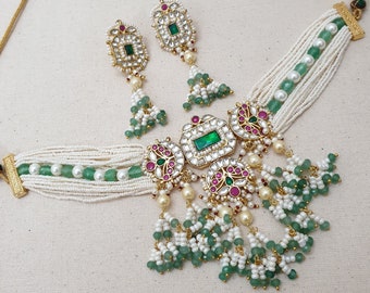 Green Jadau Kundan Choker Necklace, Indian Kundan Jewelry, Kundan Necklace, Indian Bridal Wedding Set, Sabyasachi Jewelry, Pakistani Jewelry