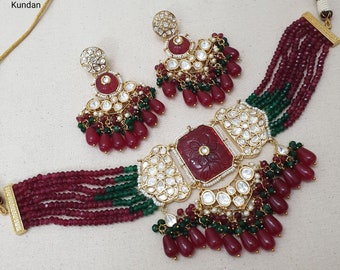 Red Green Polki Necklace, Kundan Necklace, Sabyasachi Necklace Set, Indian Jewelry, Indian Necklace, Indian Choker Set, Pakistani Jewelry