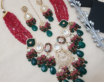 Pink Green Kundan Polki Indian Bridal Necklace, Indian Jewelry, Pakistani Jewelry, Indian Wedding Necklace, Bollywood Jewelry,Sabyasachi Set