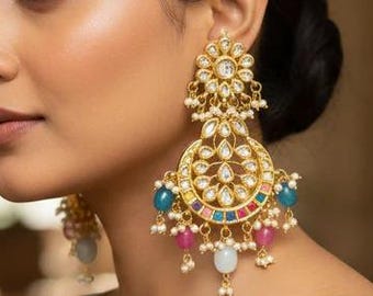 Bollywood Kundan Chandbali Earrings, Multi Stone Earrings, Pakistani Earrings, Statement Earrings, Chandelier Indian Wedding Bridal Jewelry