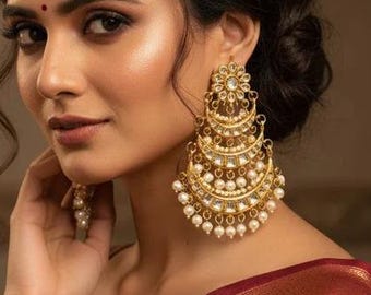 Kundan Chandbali Earrings, Gold Pearl Drop Indian Bridal Earrings, Layered Chand Bali Jewelry, Pakistani Wedding Earrings Gift