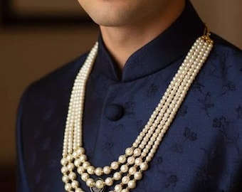 Collar de perlas para novio, collar Sherwani, joyería para hombre, collar de perlas multicapa, collar unisex, collar largo para novio