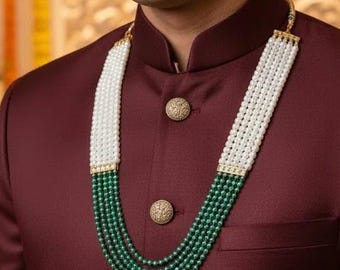 Pearl And Emerald Green Groom Necklace, Sherwani Necklace, Long Necklace For Groom, Indian Wedding Jewellery, Pakistani Wedding Necklace