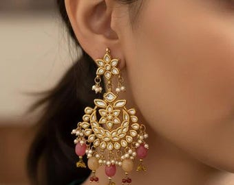 Multi Stone Kundan Chandbali Earrings, Indian Earrings, Pakistani Earrings, Statement Earrings, Chandelier Bridal Earrings, Wedding Gift