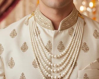Multi Layer Pearl Necklace for Groom, Indian Wedding Necklace, Dulha Sherwani Jewelry, Pearl Men Necklace, Elegant Groom Accessories