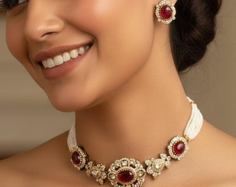 Conjunto de collar de piedra Kundan, joyería india de Bollywood, gargantilla nupcial chapada en oro, conjunto de collar gargantilla rojo