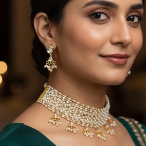 Bollywood Pearl Beaded Choker Kundan Polki Necklace Set, Kundan Pearl Dainty Necklace, Indian Layered Gold Choker Necklace, Wedding Jewelry