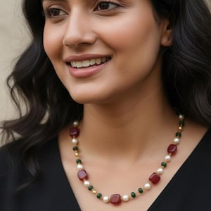 Ruby Cushion Pearl Emerald Bead Necklace | Indian Handcrafted Single Strand Gold Wire Jewelry | South Indian Bollywood Gift For Her