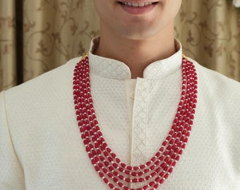 Robijnrode Sherwani Mala voor de bruidegom, 5-strengs Dulha-ketting, Indiase trouwsieraden voor mannen, gelaagde parel-robijnketting, huwelijksgeschenk voor hem