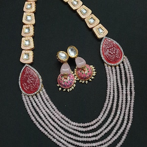 Indian jewelry Rani Haar Kundan long Necklace Set/Gold, Pink Indian Necklace Set/ Indian kundan Jewellery/Muslim Long Necklace Set