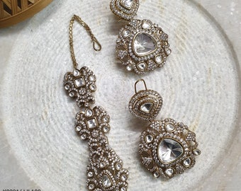 Heavy Kundan Polki Tikka Earring Set, CZ Bridal Jewelry Set, Sabyasachi Inspired Indian Wedding Set, Antique Chandelier Earrings Maang Tikka