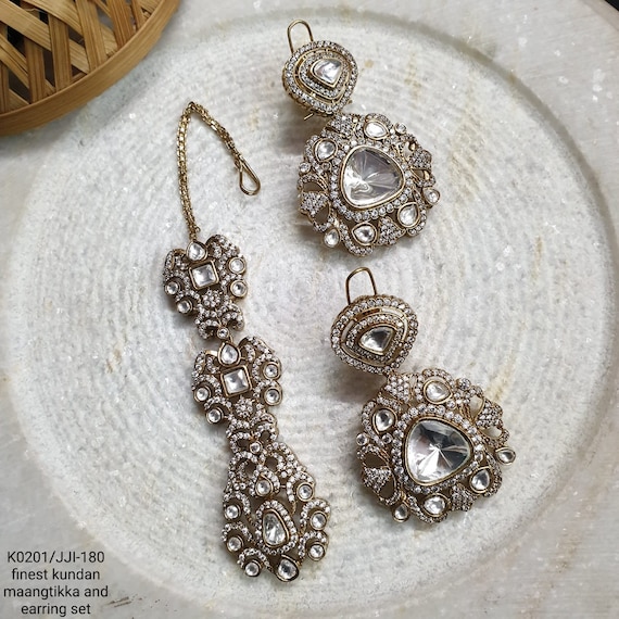 Heavy Kundan Polki Tikka Earring Set, CZ Bridal Jewelry Set, Sabyasachi Inspired Indian Wedding Set, Antique Chandelier Earrings Maang Tikka