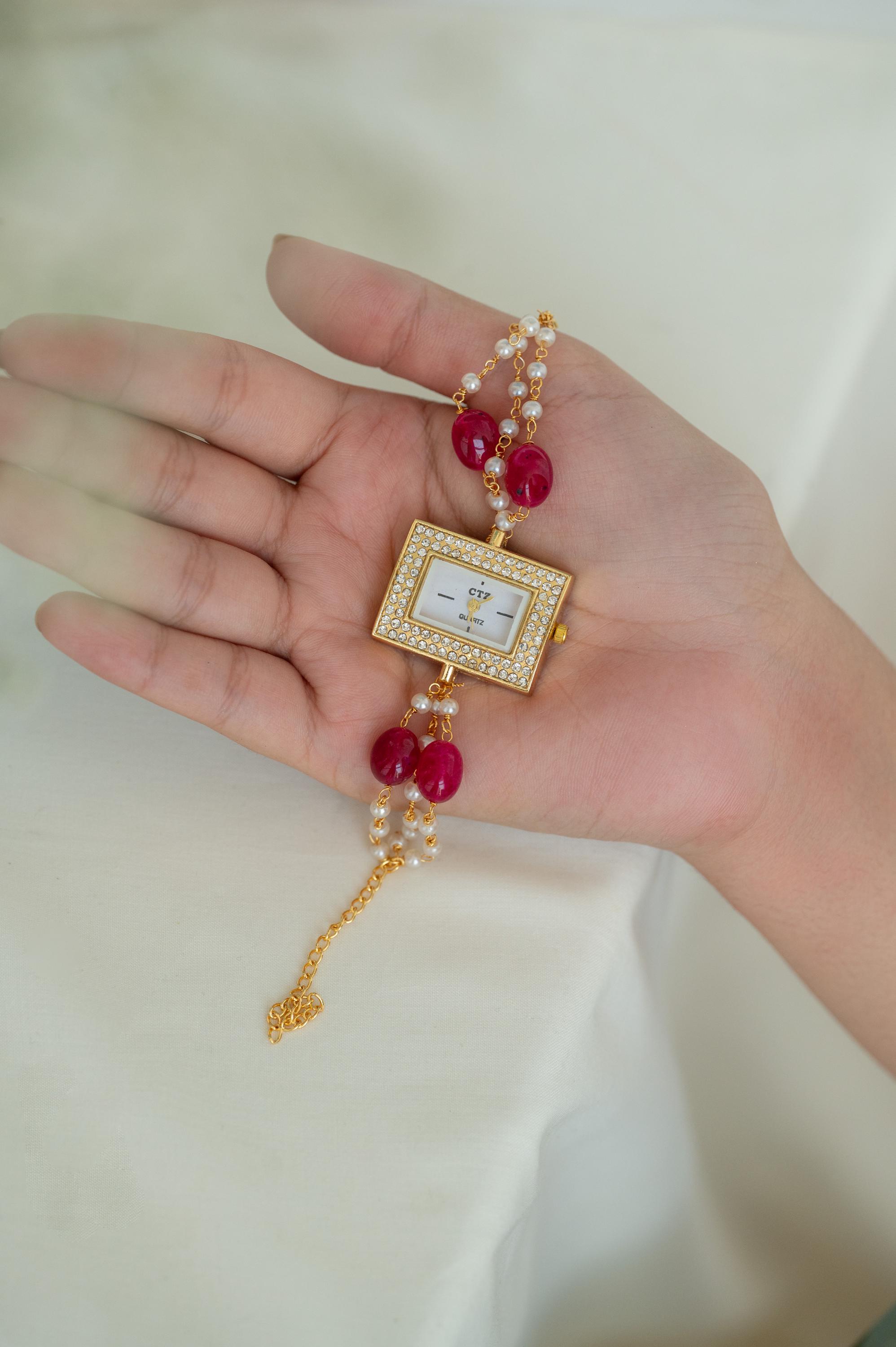 Elegant Gold and Red Beaded Women\'s Watch Luxury Pink an Gold Beaded Bling Wrap Watch | Mercari main image 2