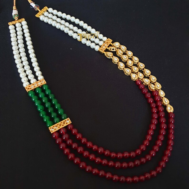 Designer Multi Stand Pearl & Kundan Maharaja Haar Groom Necklace Set for Men main image 1