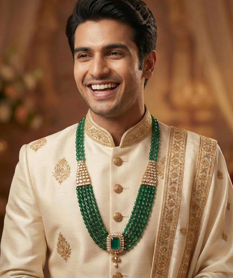 Green Beaded Groom Mala Necklace, Layered Wedding Jewelry for Men, Sherwani Necklace, Indian Groom Accessories, Emerald Green Color Kundan Polki Groom Necklace, Indian Wedding Jewelry, Groomsman Necklace Set