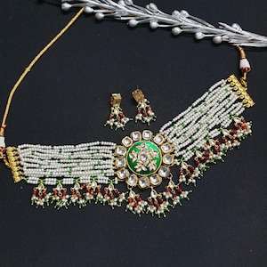 Floral Green Kundan Meenakari Choker With Earrings, Pakistani Bridal Necklace, Indian Jewelry, Sabyasachi Jewelry, Bollywood Wedding Choker