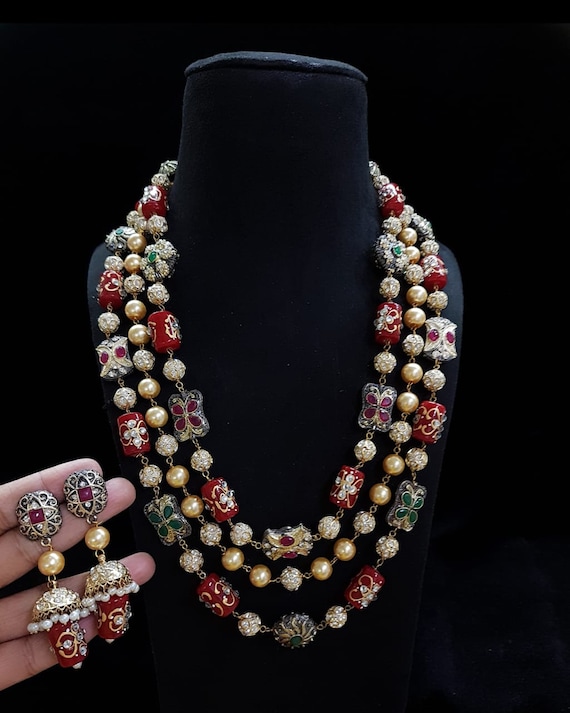 3 Layer Long Kundan Necklace Set, Victorian Necklace