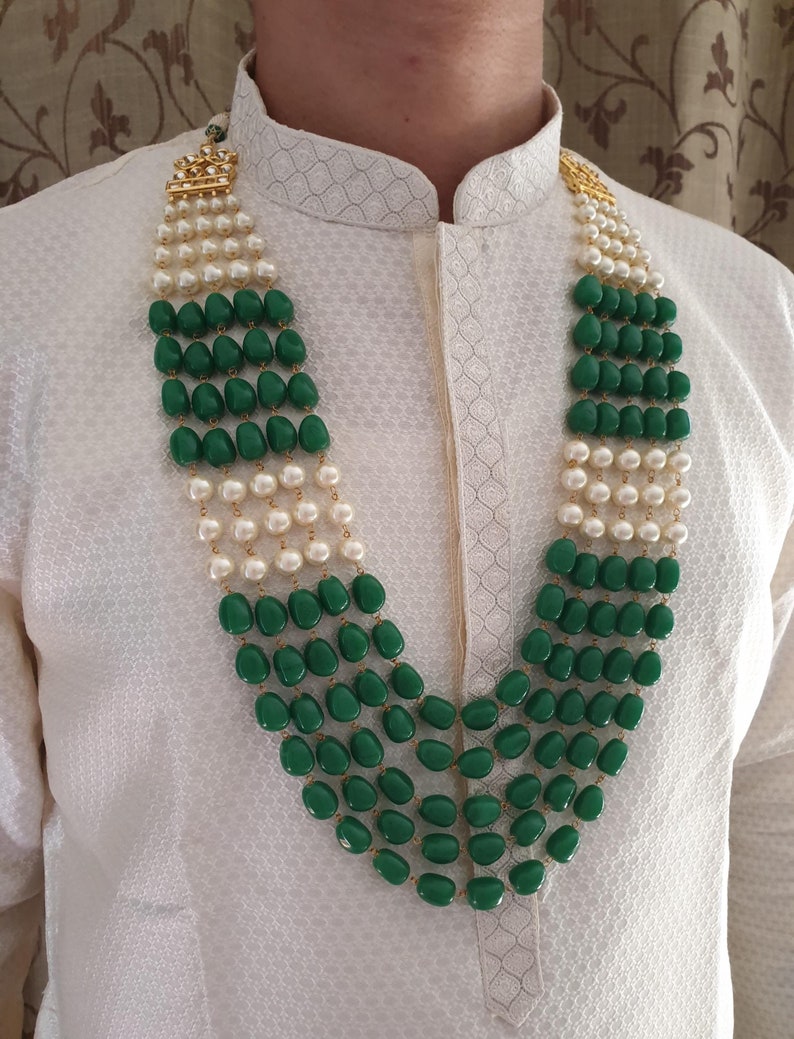 Emerald Green Groom Jewelry, Long Groom Necklace, Bollywood Jewelry, Indian Wedding Jewelry, Multistrand Necklace, Pakistani Groom Necklace