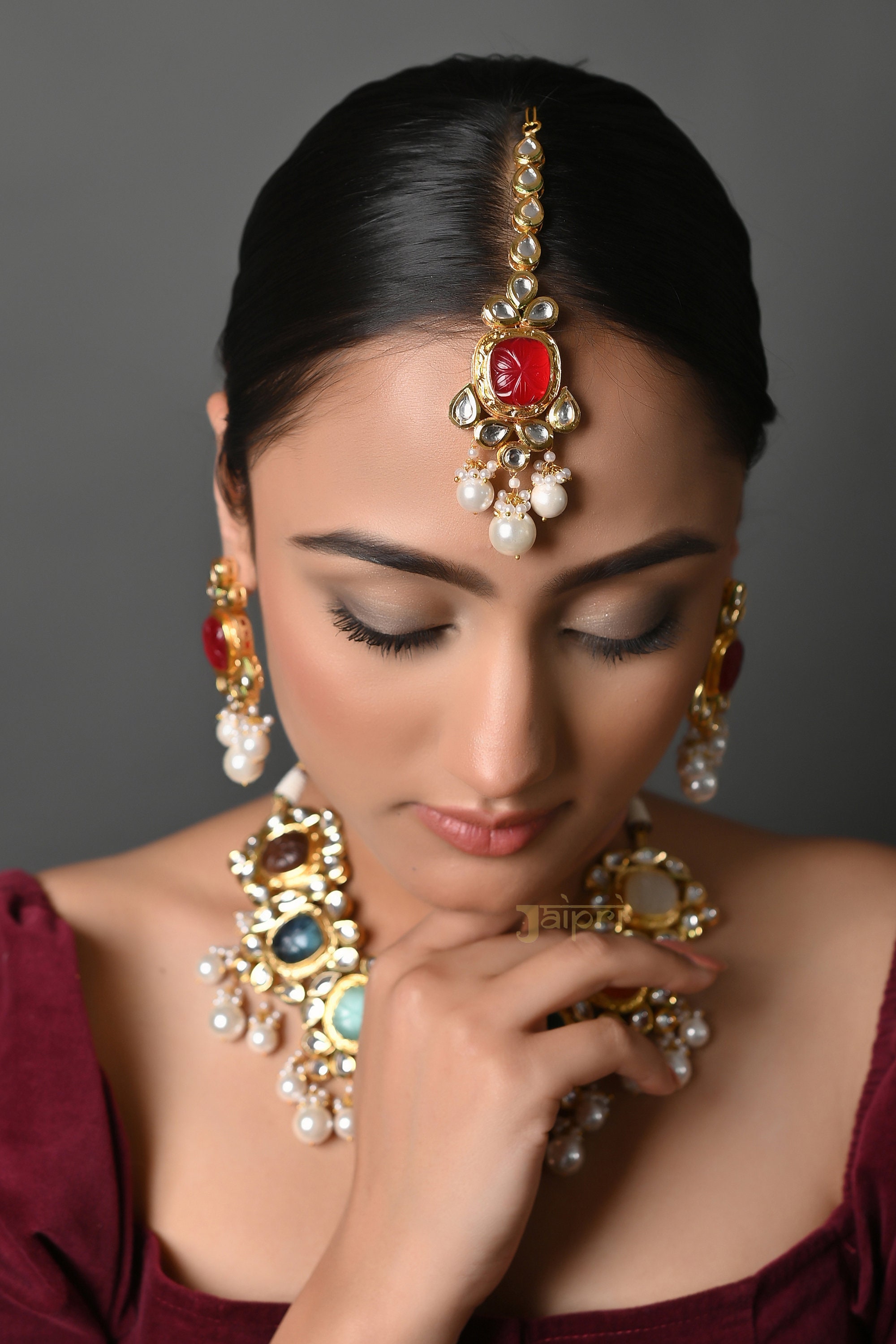 JP521 - Heavy Navratan Kundan Carved Beads Neckalce with fresh water pearls. Comes with matching earrings and maang tika. main image 1