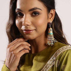 Turquoise Gold Plated Jadau Jhumka/ Danglers , Indian Earrings Set, Indian Jewelry, Trendy Jhumka, Bollywood Earrings, Statement Earring